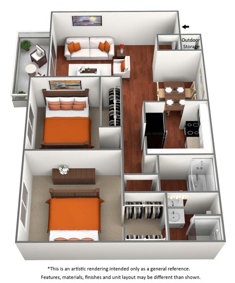 Floor plan for 2 beds, 2 baths, 900 sqft